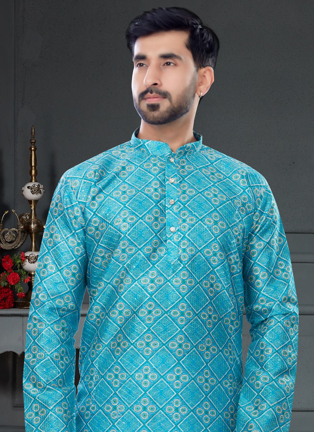 Kurta Pyjama Silk Aqua Blue Digital Print Mens