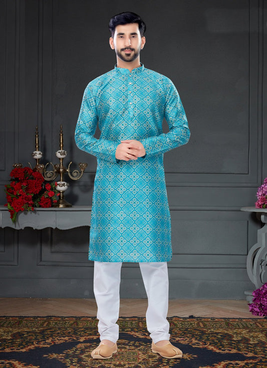 Kurta Pyjama Silk Aqua Blue Digital Print Mens