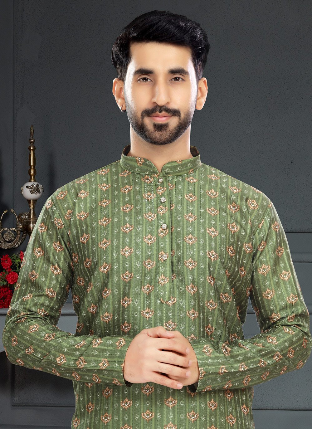 Kurta Pyjama Silk Green Digital Print Mens