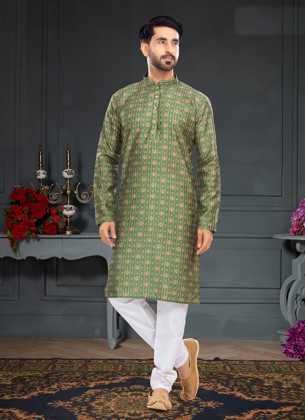 Kurta Pyjama Silk Green Digital Print Mens