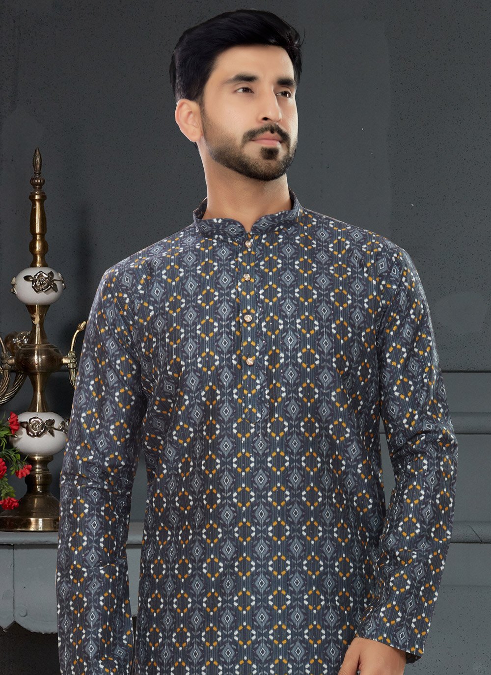 Kurta Pyjama Silk Grey Digital Print Mens