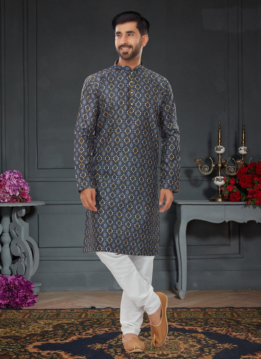 Kurta Pyjama Silk Grey Digital Print Mens