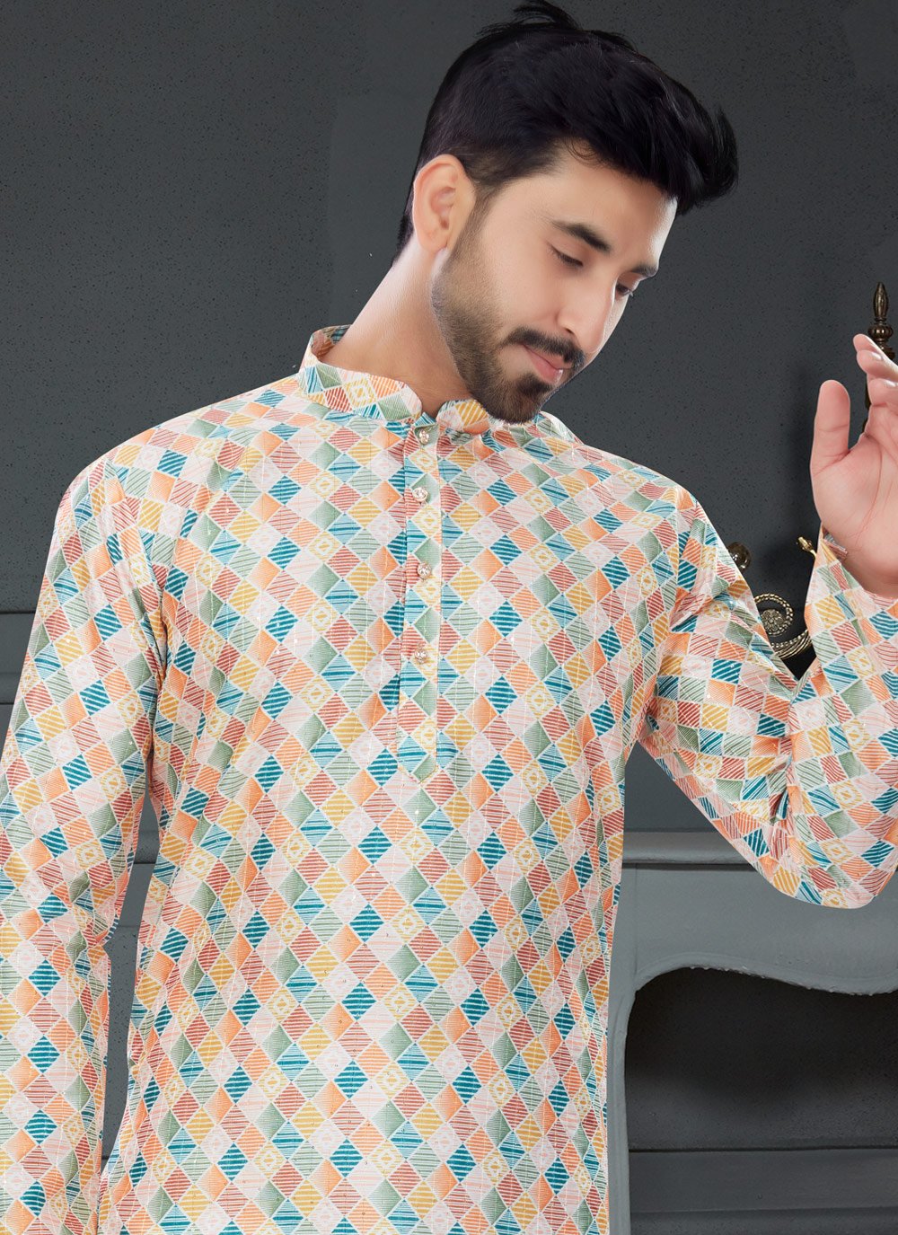 Kurta Pyjama Silk Multi Colour Digital Print Mens