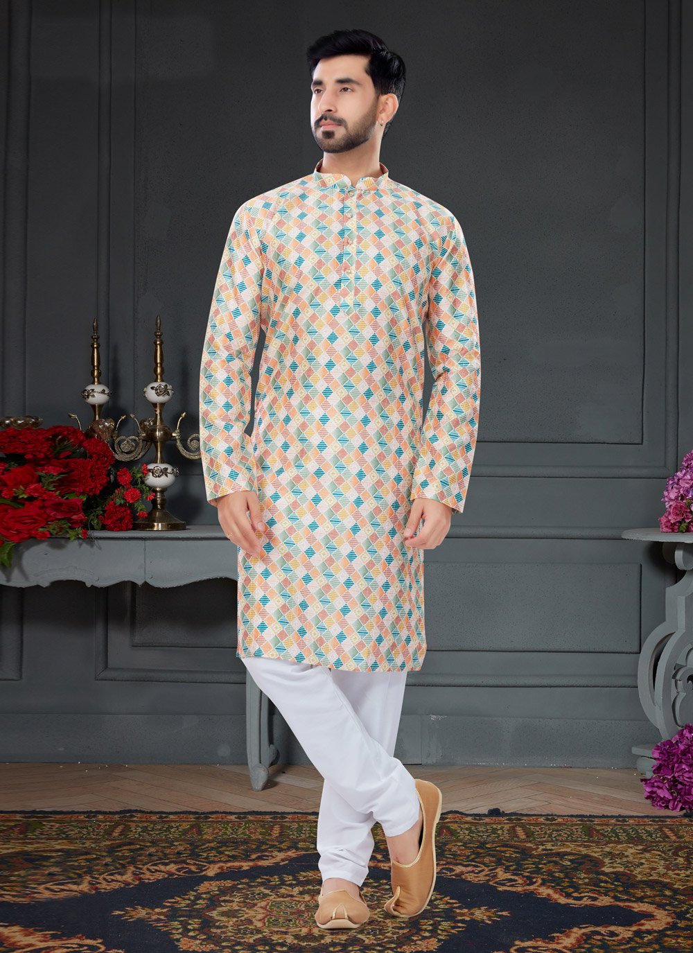 Kurta Pyjama Silk Multi Colour Digital Print Mens