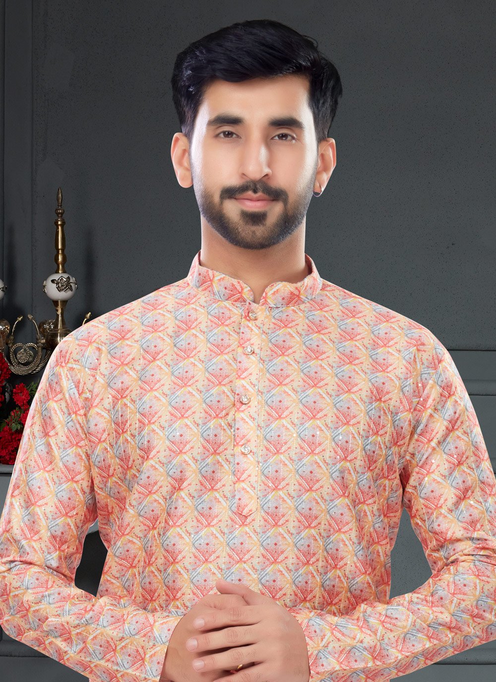 Kurta Pyjama Silk Pink Digital Print Mens