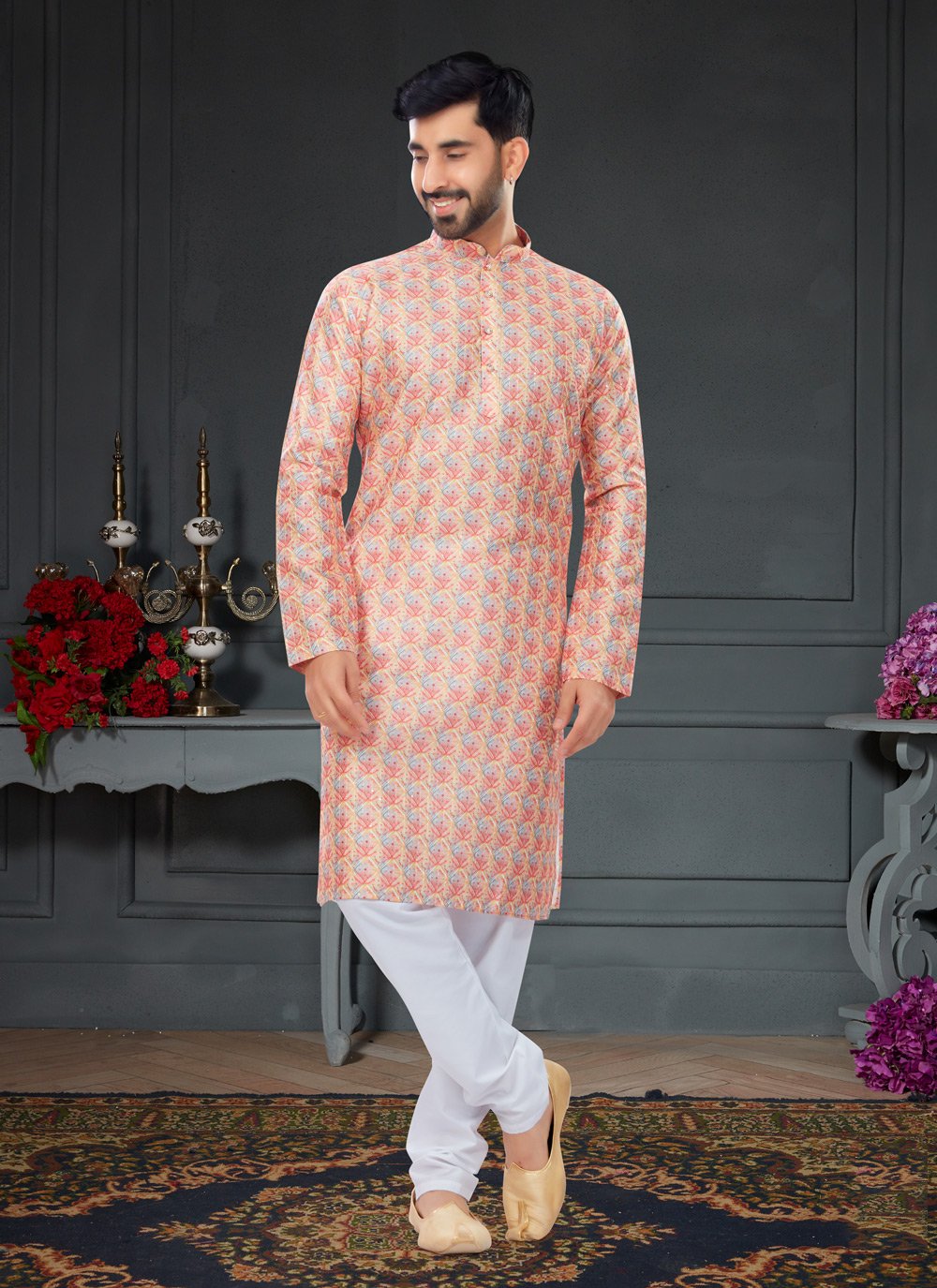 Kurta Pyjama Silk Pink Digital Print Mens