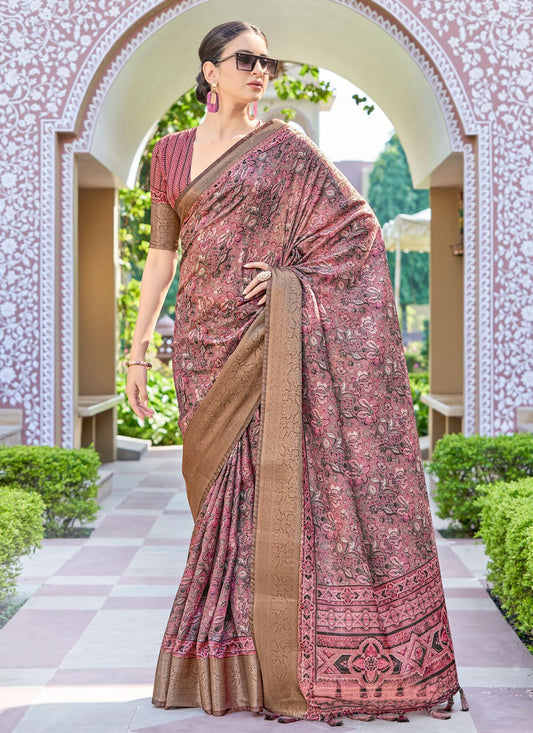 Designer Silk Pink Digital Print Saree