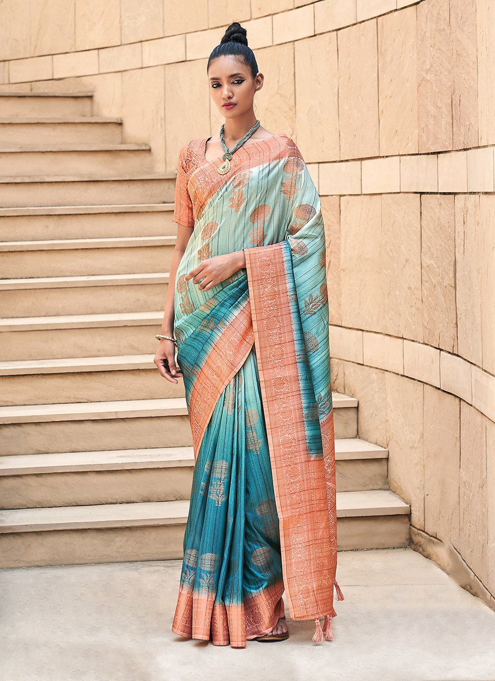 Shaded Saree Silk Blue Digital Print Saree