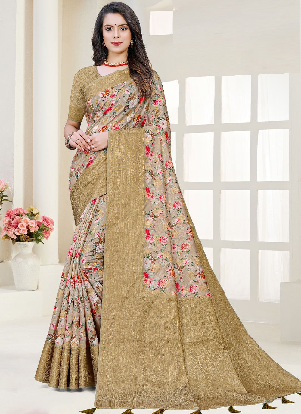 Trendy Saree Fancy Fabric Silk Khaki Digital Print Saree