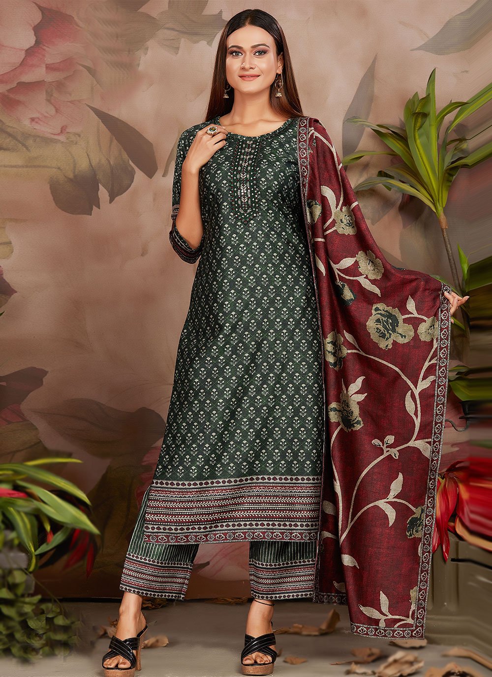 Straight Salwar Suit Silk Green Digital Print Salwar Kameez