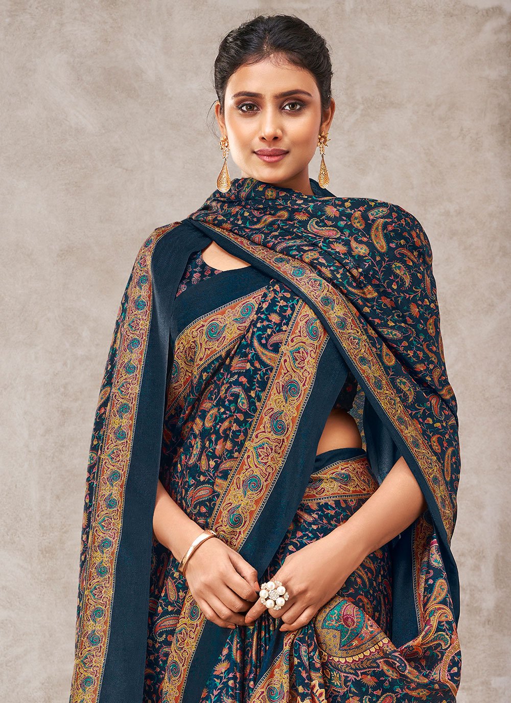 Classic Pashmina Teal Digital Print Saree