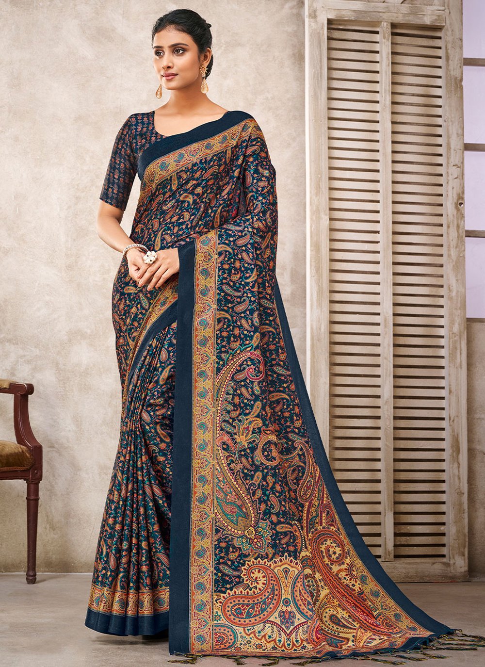 Classic Pashmina Teal Digital Print Saree