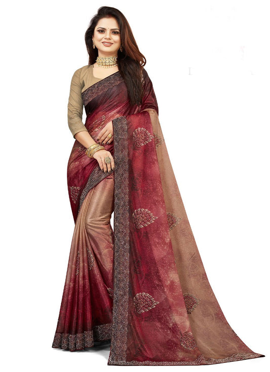 Trendy Saree Lycra Brown Maroon Digital Print Saree