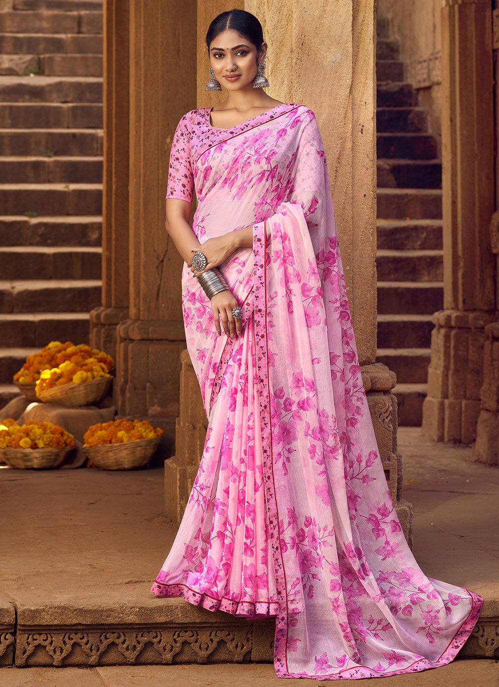 Trendy Saree Chiffon Pink Digital Print Saree