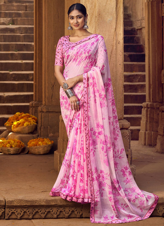 Trendy Saree Chiffon Pink Digital Print Saree