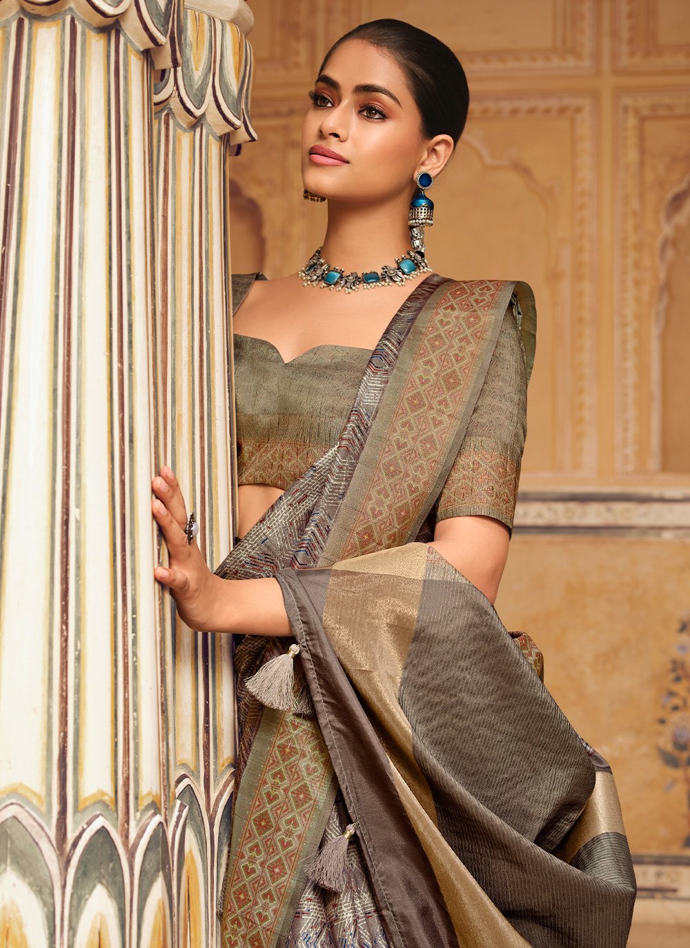 Trendy Saree Silk Brown Digital Print Saree