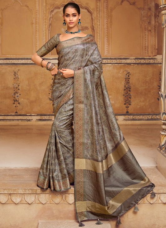 Trendy Saree Silk Brown Digital Print Saree