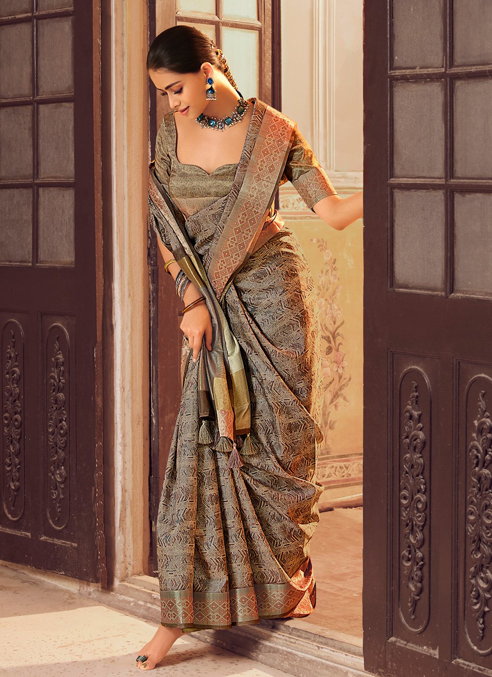 Trendy Saree Silk Brown Digital Print Saree