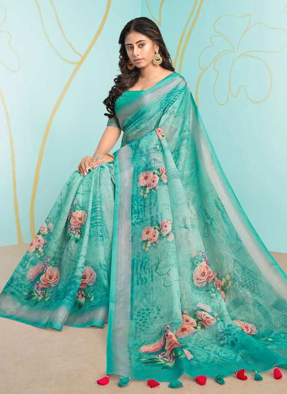 Contemporary Organza Turquoise Digital Print Saree