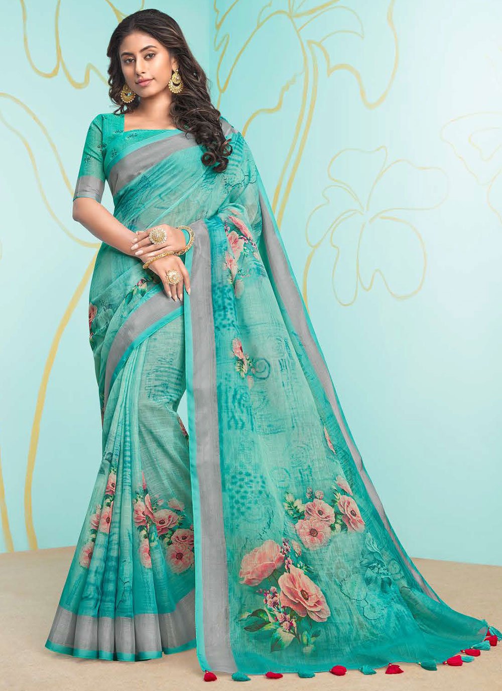 Contemporary Organza Turquoise Digital Print Saree