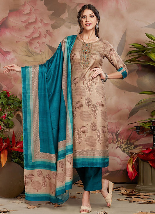 Salwar Suit Poly Silk Tussar Silk Beige Digital Print Salwar Kameez