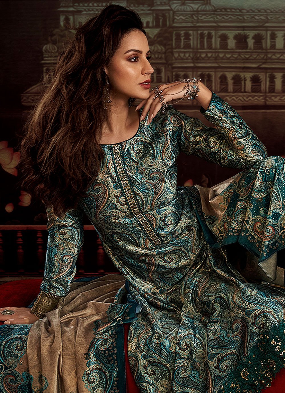 Salwar Suit Velvet Teal Digital Print Salwar Kameez