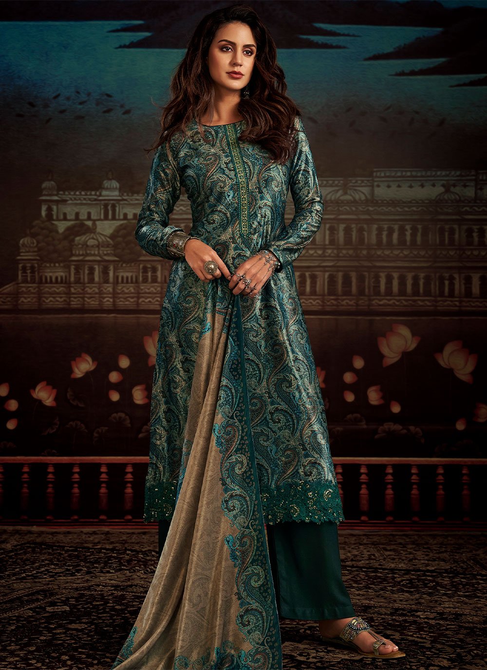 Salwar Suit Velvet Teal Digital Print Salwar Kameez