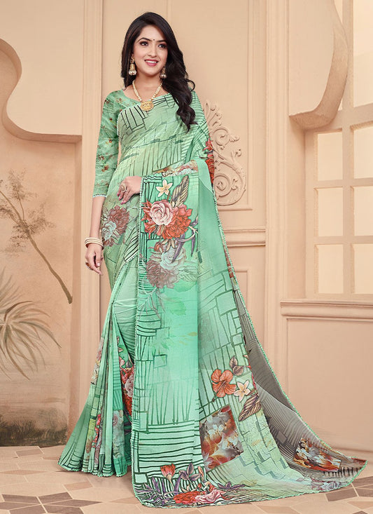 Trendy Saree Weight Less Sea Green Digital Print Saree