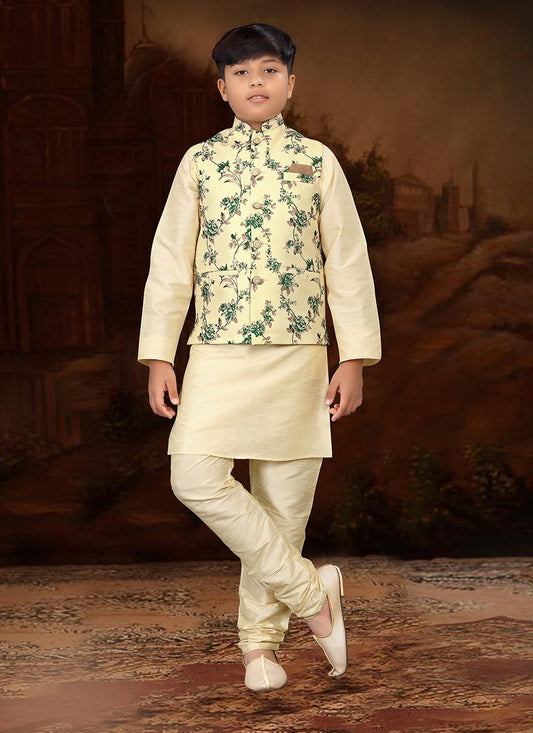 Kurta Payjama With Jacket Jute Silk Cream Digital Print Kids