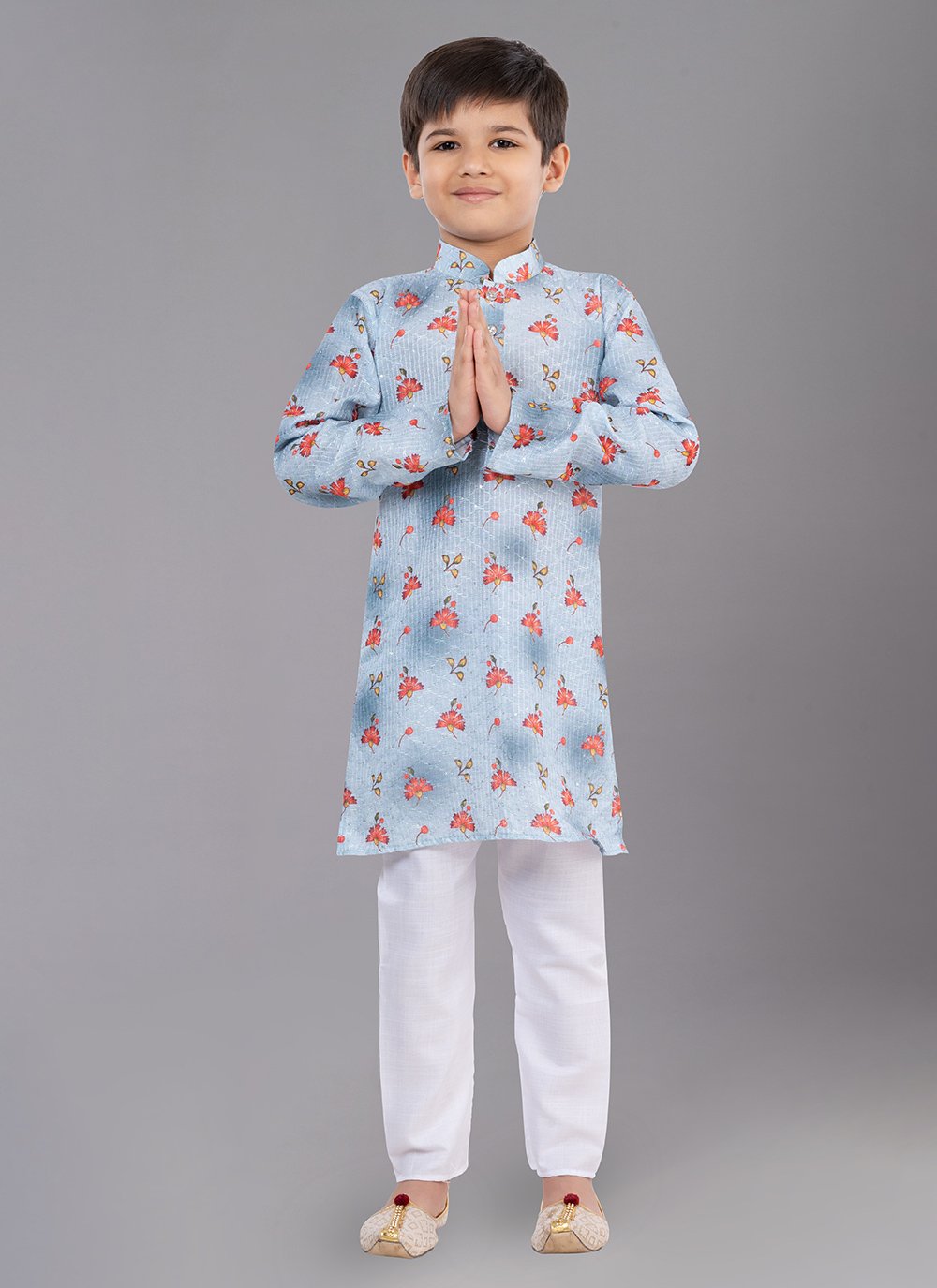 Kurta Pyjama Polyester Grey Digital Print Kids