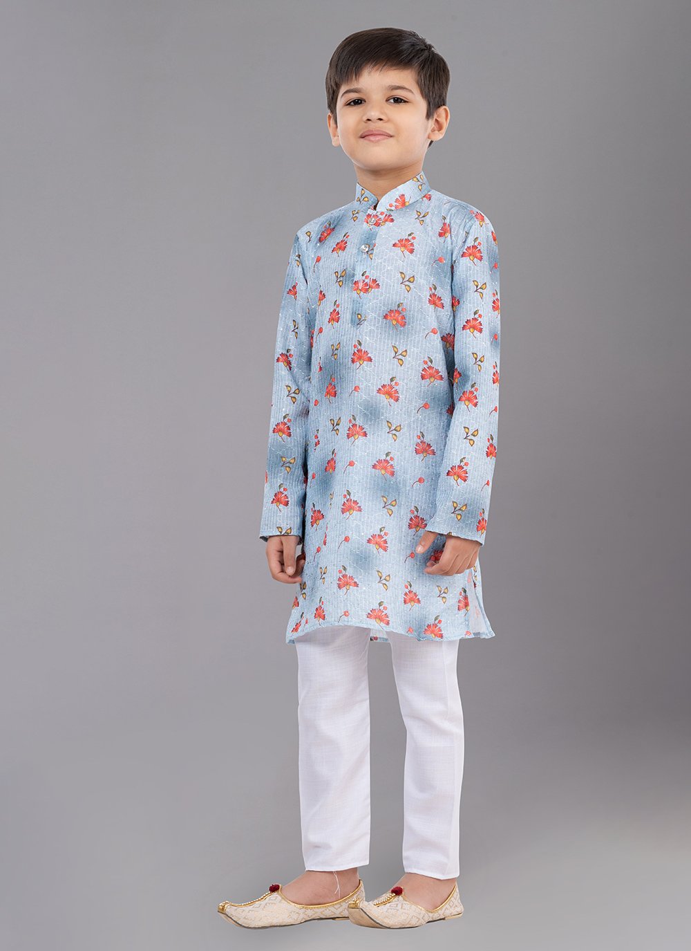 Kurta Pyjama Polyester Grey Digital Print Kids