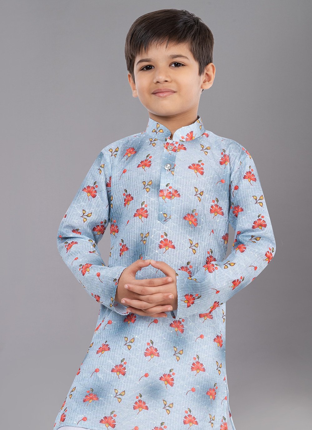 Kurta Pyjama Polyester Grey Digital Print Kids