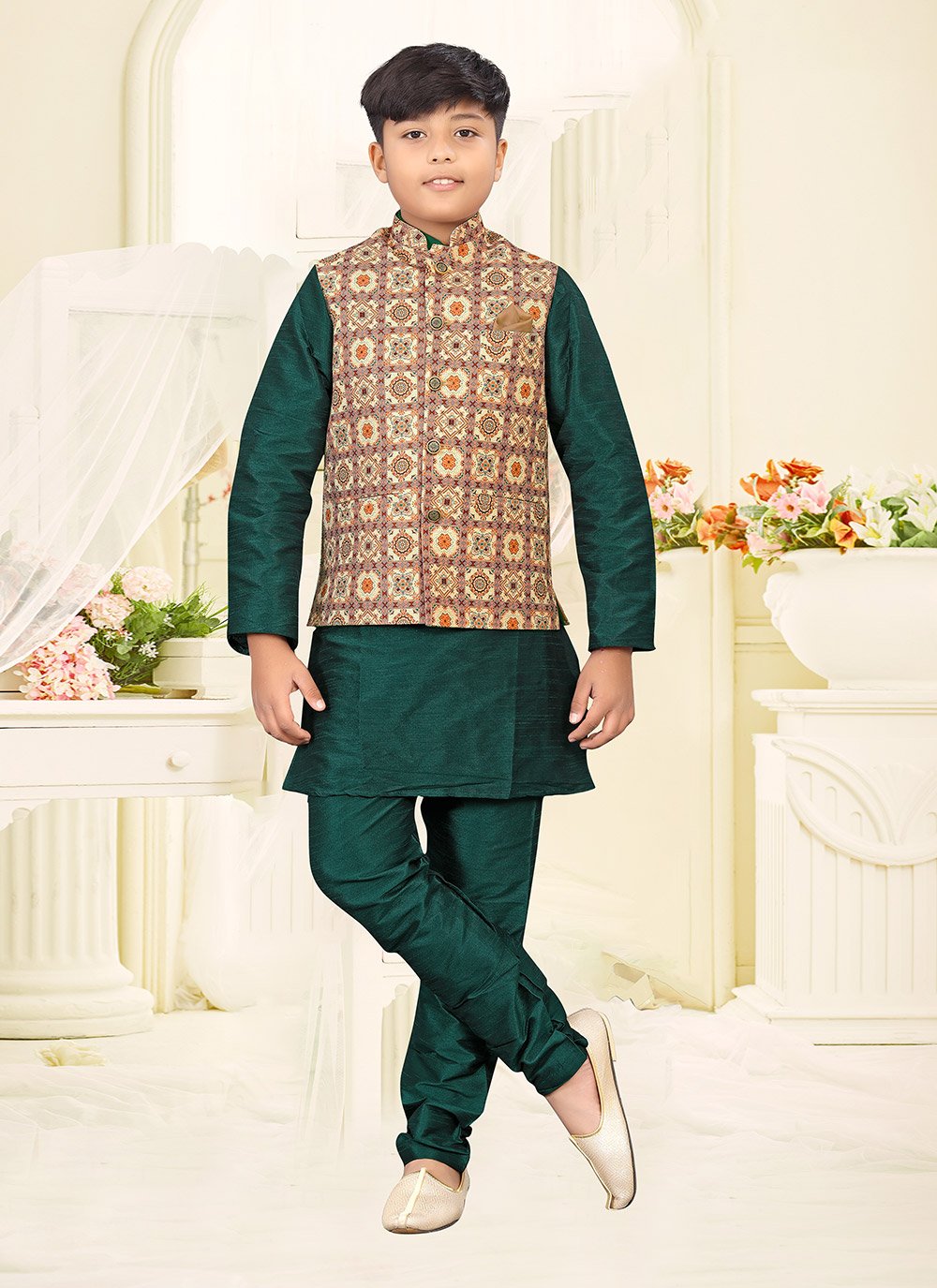 Kurta Payjama With Jacket Silk Green Multi Colour Digital Print Kids