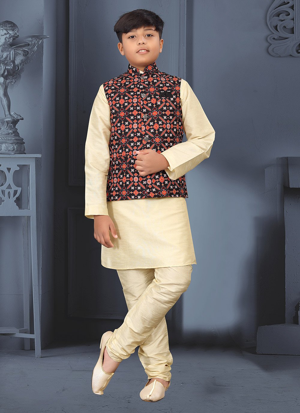 Kurta Payjama With Jacket Silk Cream Multi Colour Digital Print Kids