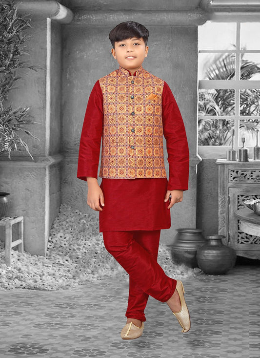 Kurta Payjama With Jacket Silk Multi Colour Red Digital Print Kids