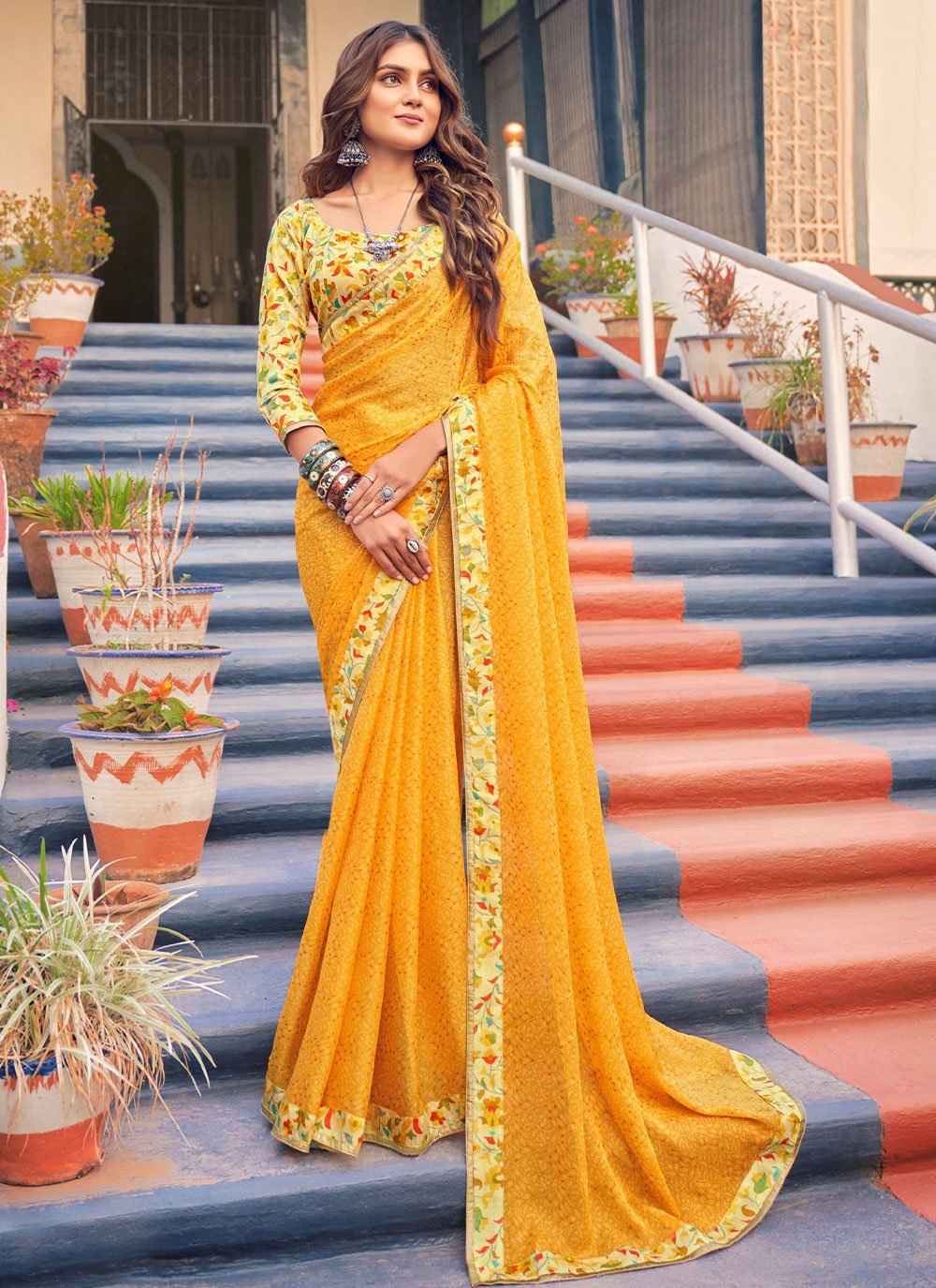 Trendy Saree Banarasi Silk Yellow Digital Print Saree