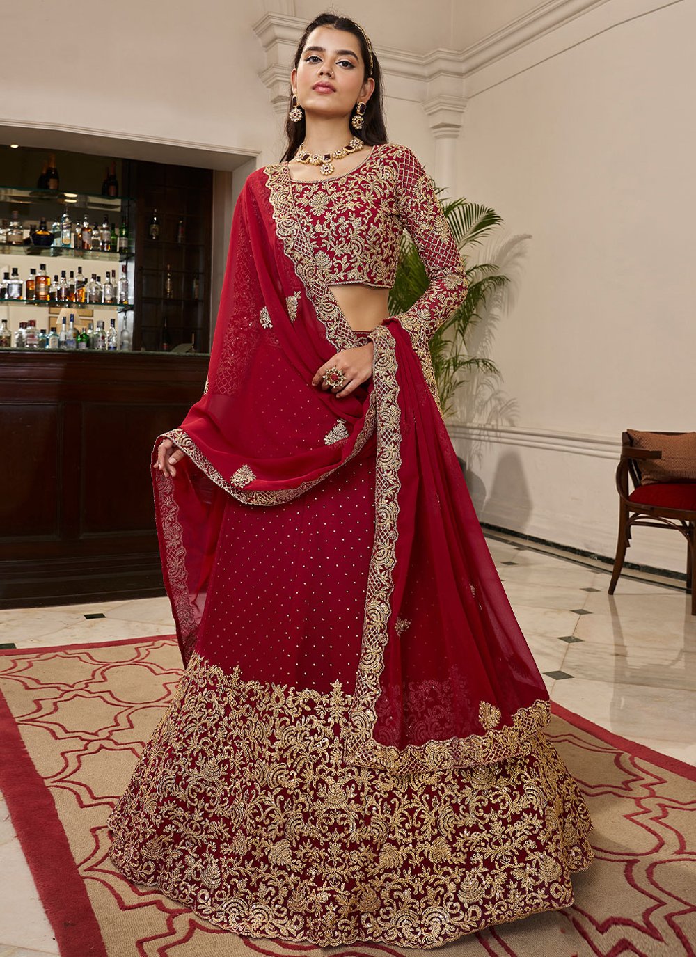 A Line Lehenga Georgette Red Dori Work Lehenga Choli