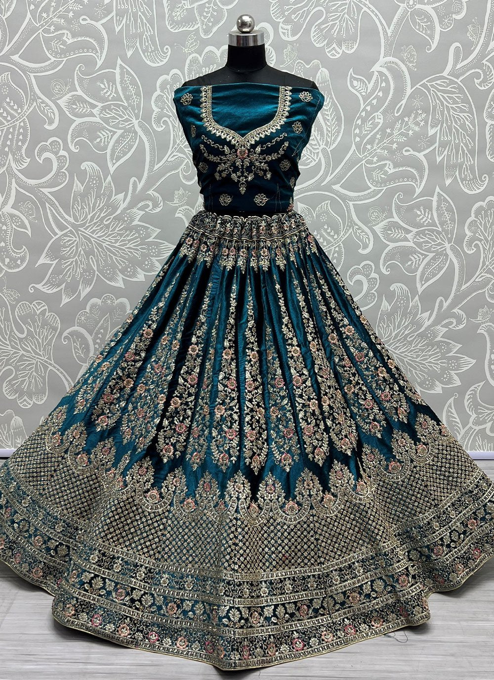 A Line Lehenga Velvet Teal Diamond Lehenga Choli