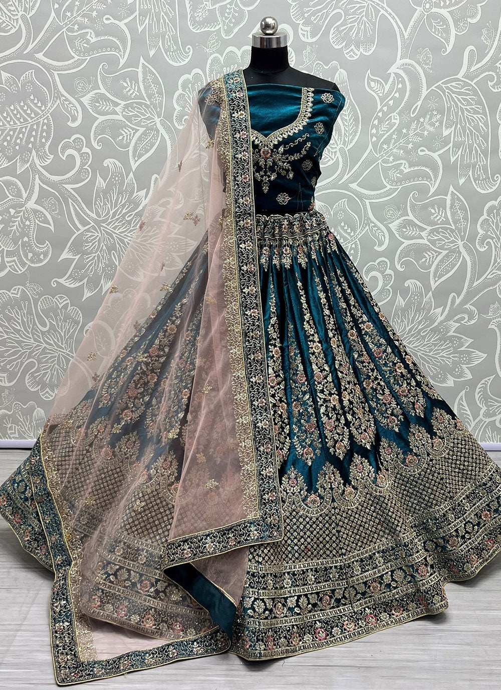 A Line Lehenga Velvet Teal Diamond Lehenga Choli