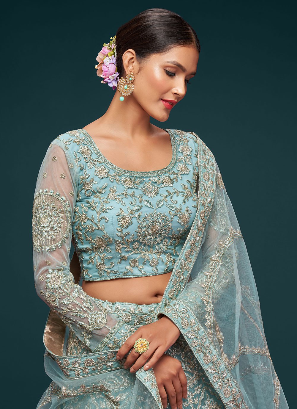 Lehenga Choli Net Aqua Blue Dori Work Lehenga Choli