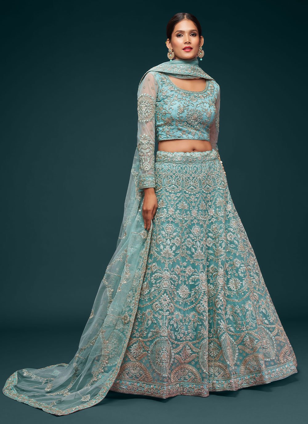 Lehenga Choli Net Aqua Blue Dori Work Lehenga Choli