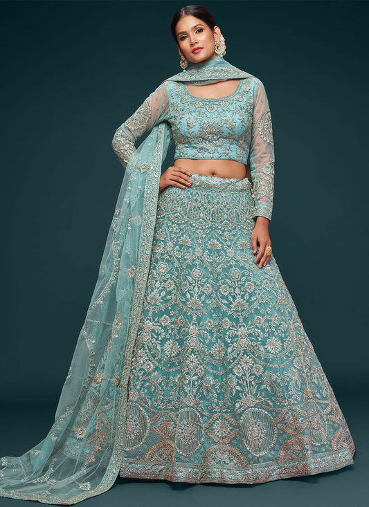 Lehenga Choli Net Aqua Blue Dori Work Lehenga Choli