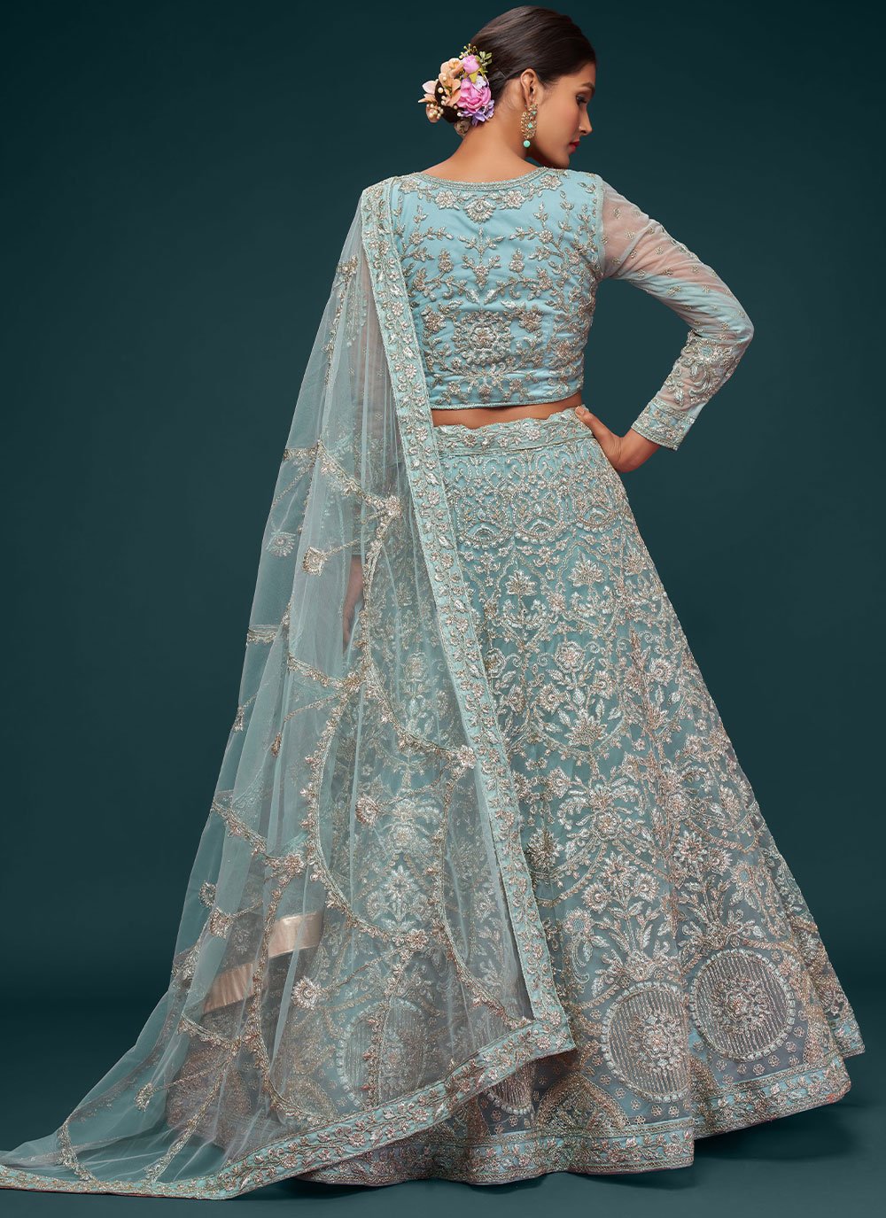 Lehenga Choli Net Aqua Blue Dori Work Lehenga Choli