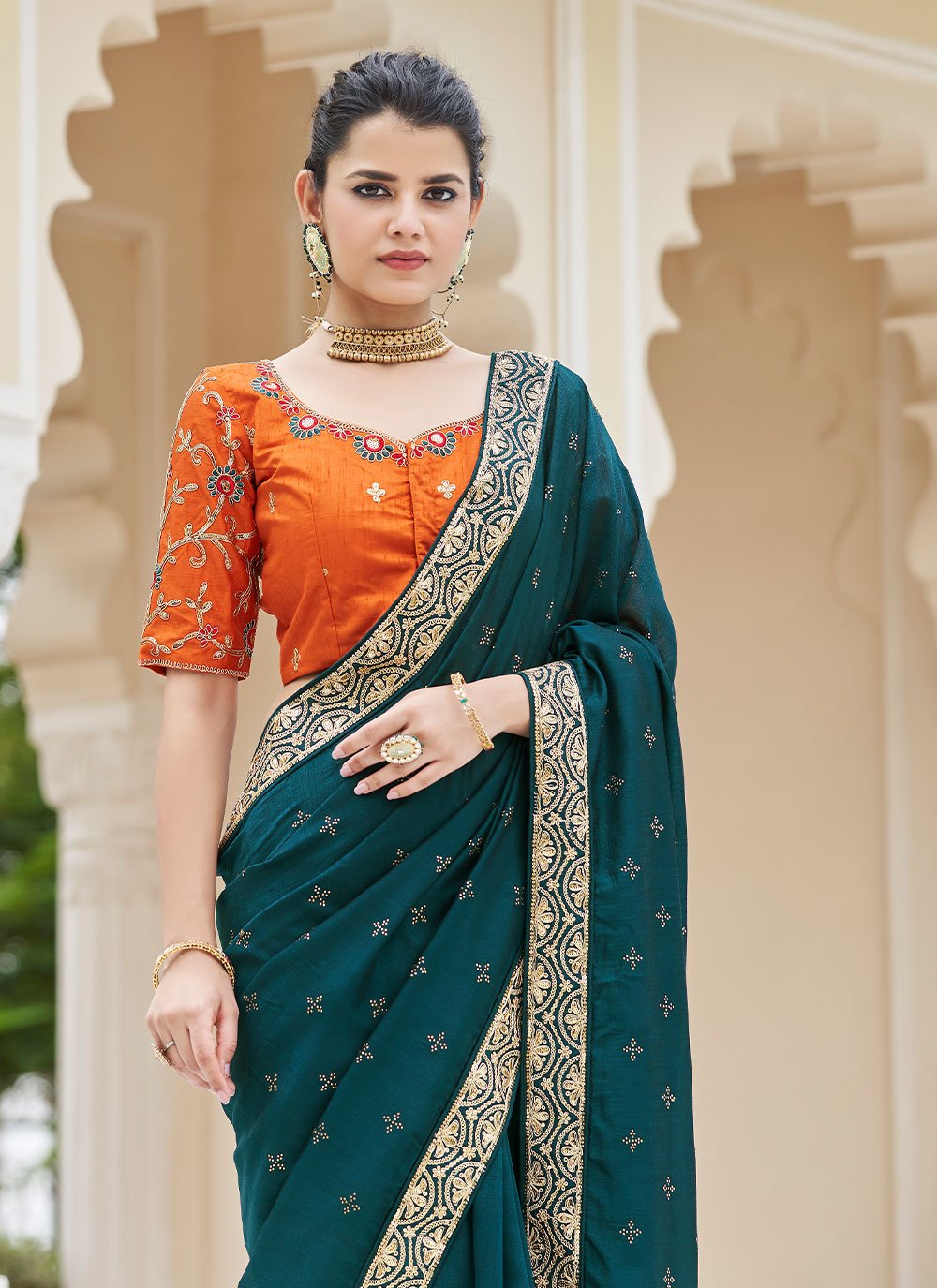 Trendy Saree Vichitra Silk Rama Dori Work Saree