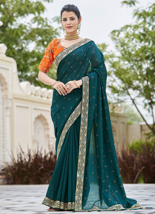 Trendy Saree Vichitra Silk Rama Dori Work Saree