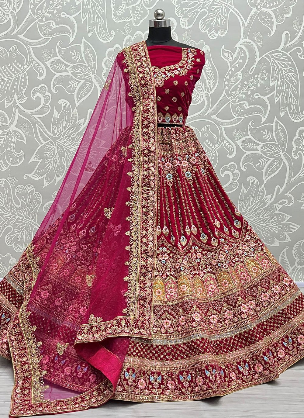 A Line Lehenga Velvet Rani Dori Work Lehenga Choli