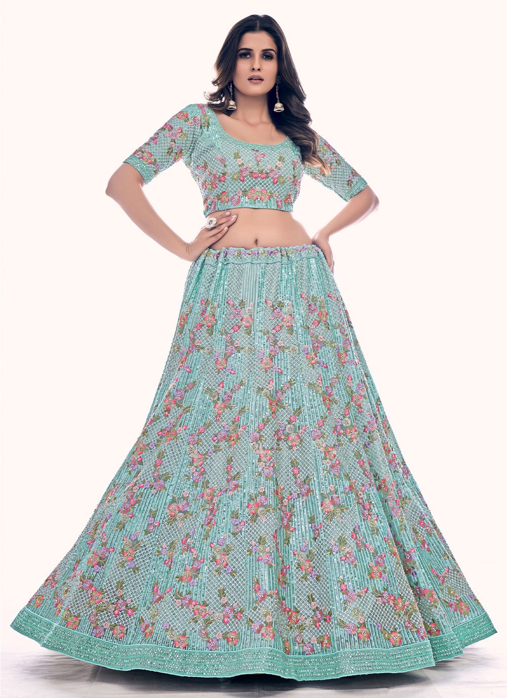 A Line Lehenga Net Sea Green Dori Work Lehenga Choli