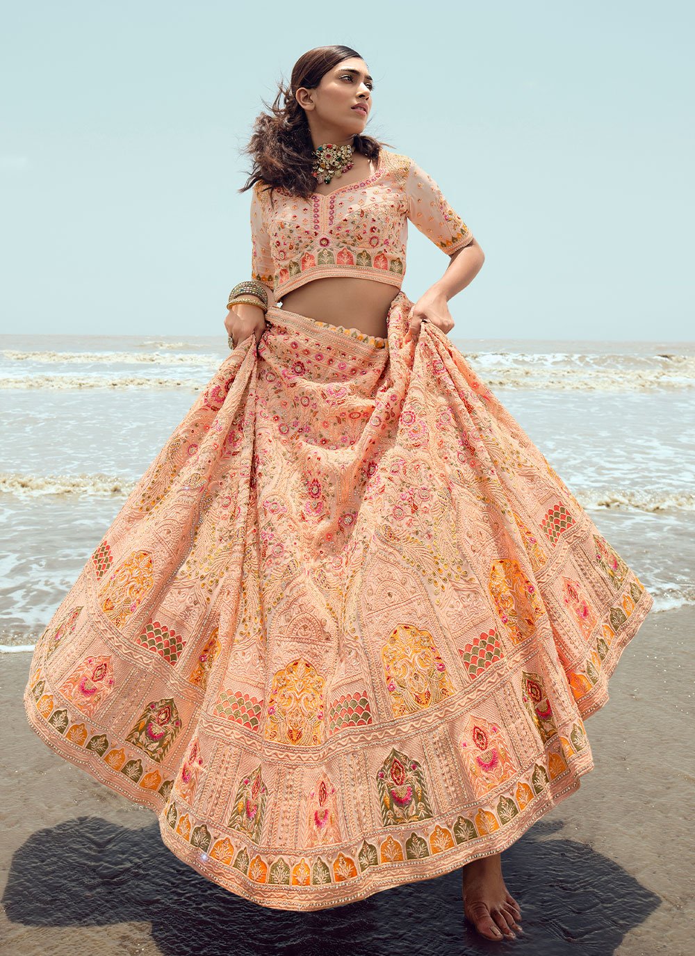 Lehenga Choli Georgette Peach Dori Work Lehenga Choli