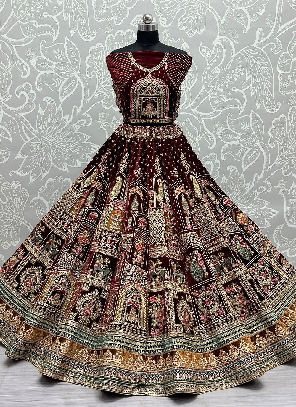 A Line Lehenga Velvet Maroon Diamond Lehenga Choli