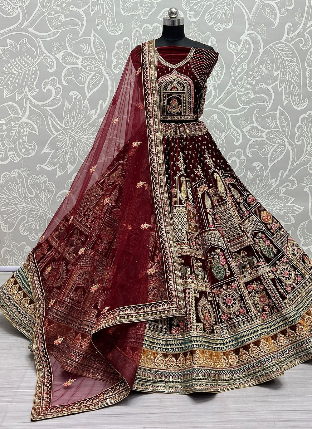 A Line Lehenga Velvet Maroon Diamond Lehenga Choli